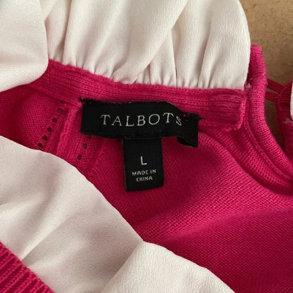 Talbots Pink Sweater with White Ruffle Detailing at Neck and Sleeves. Large - Picture 8 of 8